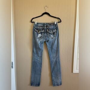 Miss Me Distressed Embroidered Low Rise Straight Leg Jeans